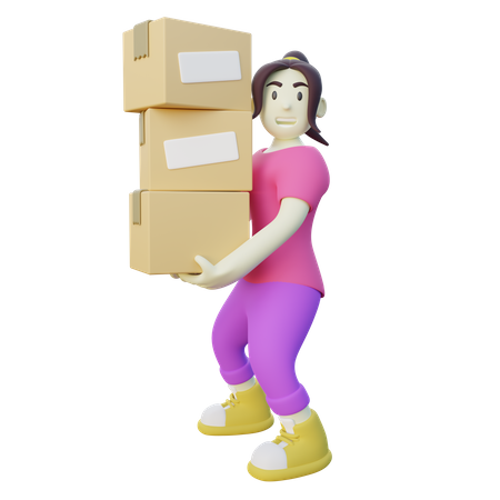 Mulher levantando pilha de caixa  3D Illustration