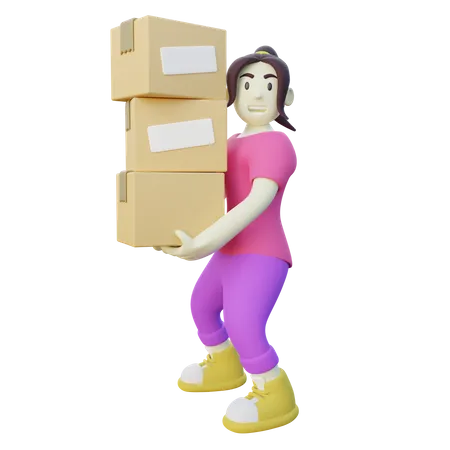 Mulher levantando pilha de caixa  3D Illustration