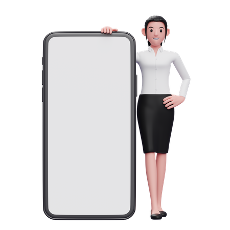 Mulher em pé ao lado de um grande telefone  3D Illustration