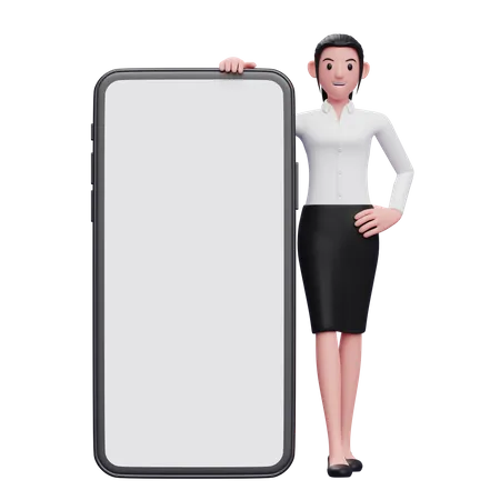 Mulher em pé ao lado de um grande telefone  3D Illustration