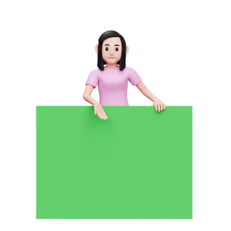 Mulher em pé atrás da grande bandeira verde  3D Illustration