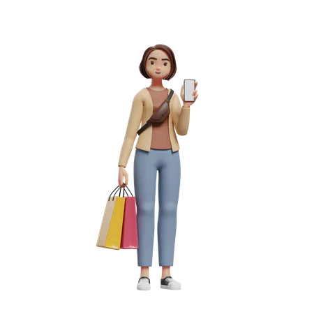 Mulher em pé segurando sacolas de compras e mostrando a tela do celular  3D Illustration