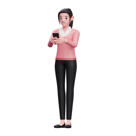 Mulher de negócios digitando mensagem no smartphone  3D Illustration