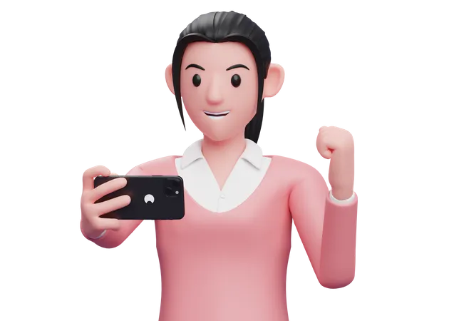Garota De Moletom Rosa Comemorando Enquanto Olha Para Um Telefone Celular Ilustracao De Personagem De Renderizacao 3 D 3D Illustration