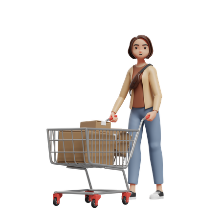 Mulher empurrando um carrinho cheio de compras  3D Illustration