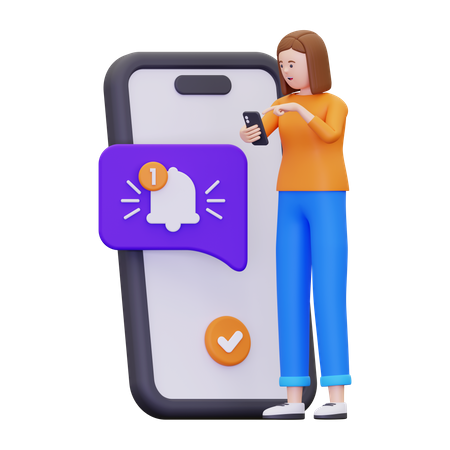 Mulher está vendo uma notificação recebida em seu smartphone  3D Illustration