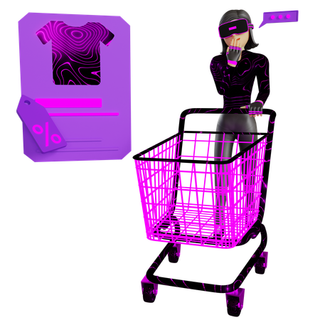 Mulher fazendo compras com carrinho no metaverso  3D Illustration