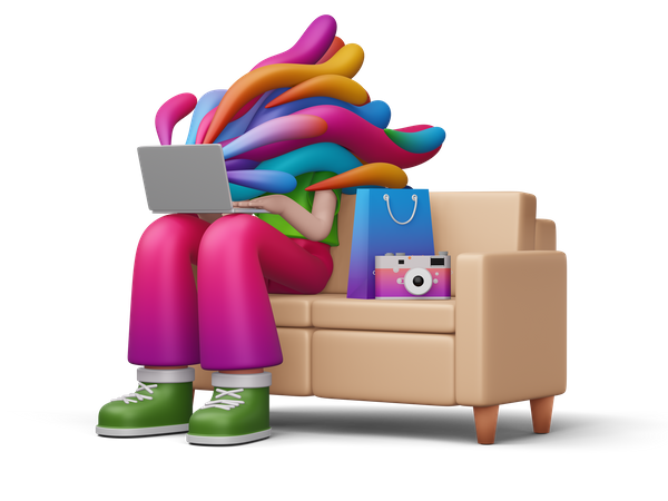 Mulher fazendo compras online enquanto está sentada no sofá  3D Illustration
