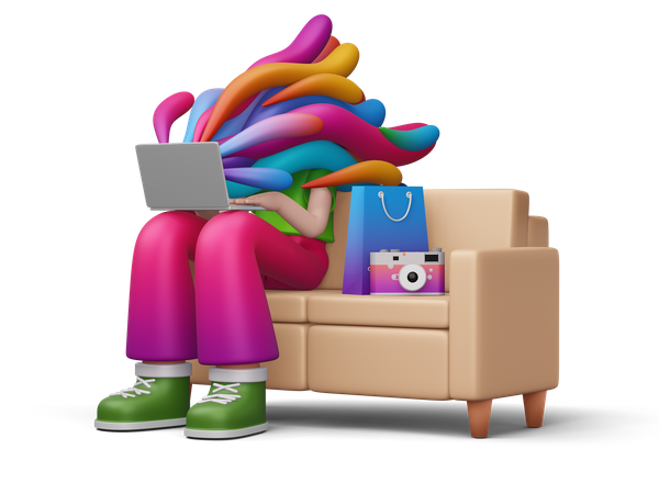 Mulher fazendo compras online enquanto está sentada no sofá  3D Icon