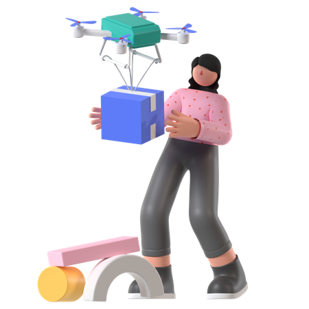 Mulher fazendo entrega por drone  3D Illustration