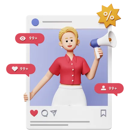 Mulher fazendo marketing de mídia social  3D Illustration