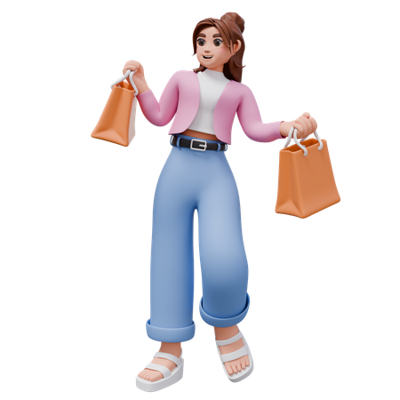 Mulher feliz com sacolas de compras  3D Illustration