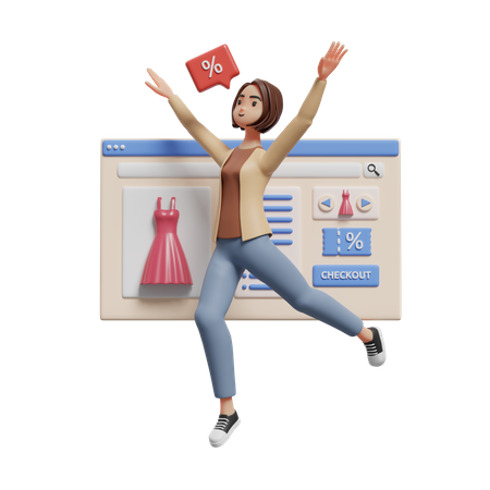 Mulher feliz comemorando ganha desconto nas compras pelo site  3D Illustration