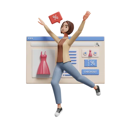 Mulher feliz comemorando ganha desconto nas compras pelo site  3D Illustration