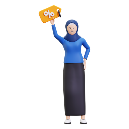 Mulher Hijab segurando etiqueta de desconto  3D Icon