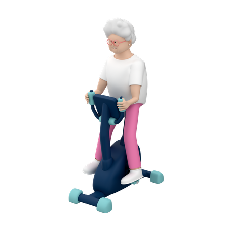 Mulher idosa com cabelos grisalhos sentada em uma bicicleta indoor  3D Illustration