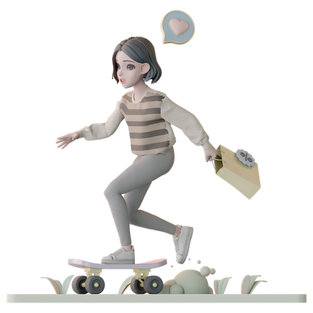 Mulher indo às compras de skate  3D Illustration