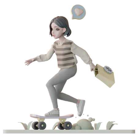 Mulher indo às compras de skate  3D Illustration