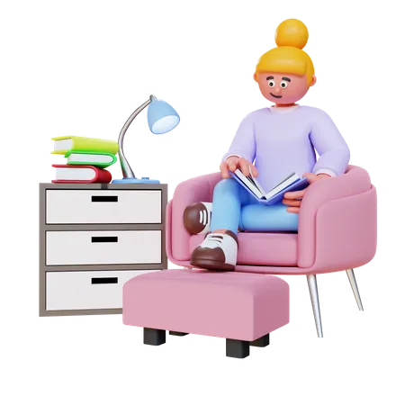 Mulher lendo livro e sentada no sofá  3D Illustration