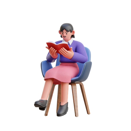 Mulher lendo um livro sentada na cadeira  3D Illustration