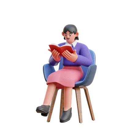 Mulher lendo um livro sentada na cadeira  3D Illustration