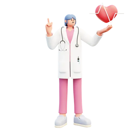 Médica mostrando batimentos cardíacos e apontando para cima  3D Illustration