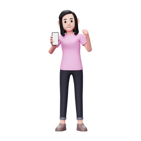 Mulher mostrando a tela do telefone com gesto vencedor  3D Illustration