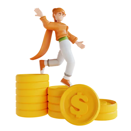 Mulher mostrando gráfico de dinheiro caindo  3D Illustration