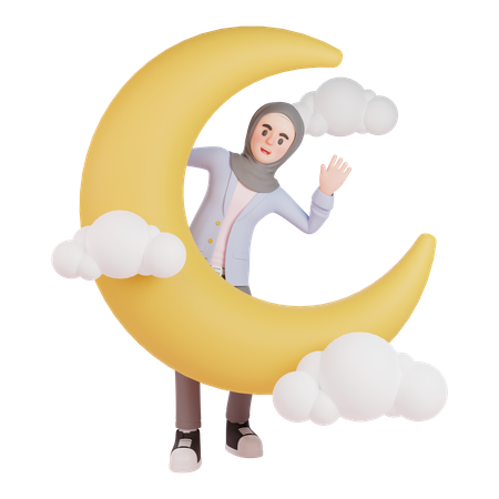 Mulher muçulmana ao lado da lua crescente para dar as boas-vindas ao Ramadã  3D Illustration