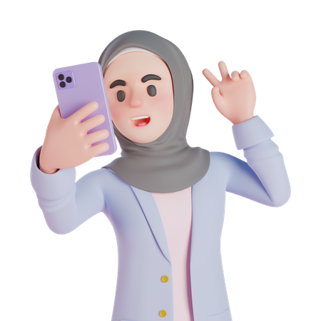 Mulher muçulmana tirando selfie com smartphone  3D Illustration