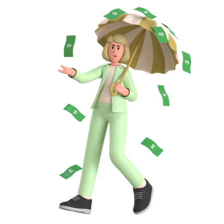 Mulher na chuva de dinheiro  3D Illustration