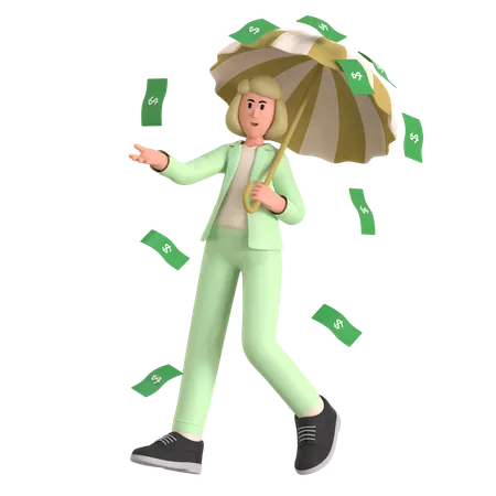 Mulher na chuva de dinheiro  3D Illustration