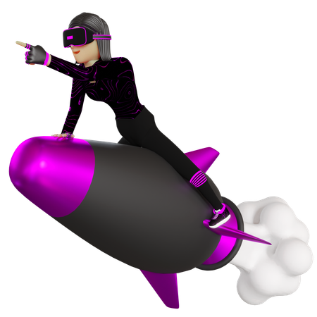 Mulher em um foguete com metaverso de dispositivo de realidade virtual  3D Illustration