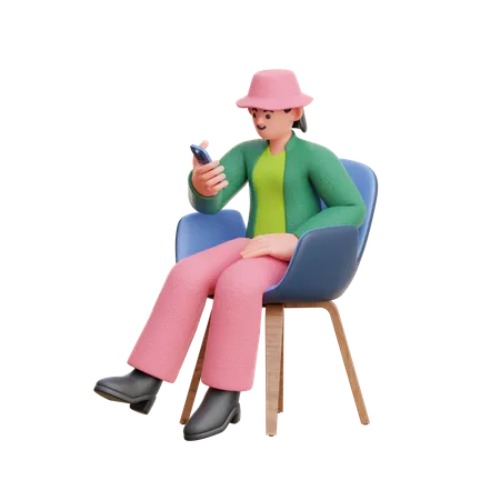 Mulher olhando para smartphone sentada na cadeira  3D Illustration
