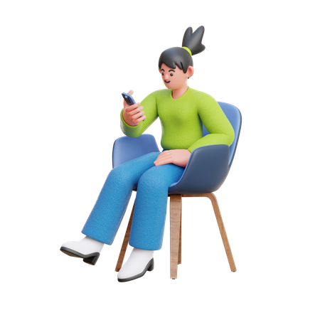 Mulher olhando para smartphone sentada na cadeira  3D Illustration