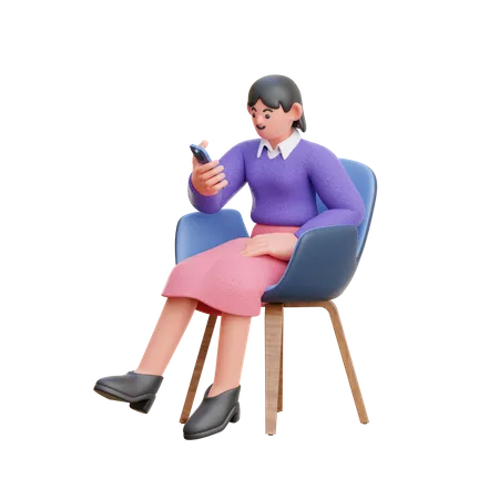 Olhar feminino para smartphone sentado na cadeira  3D Illustration