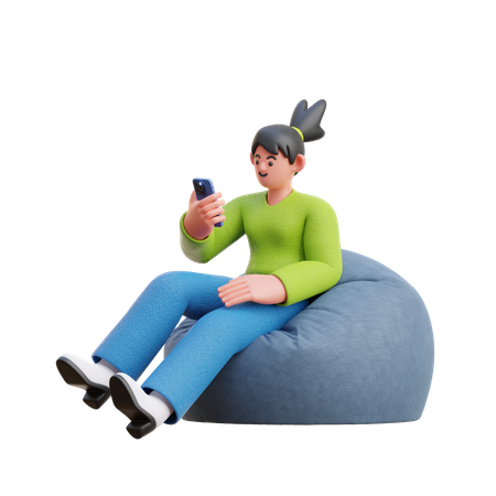 Mulher olha para smartphone sentado em um pufe  3D Illustration