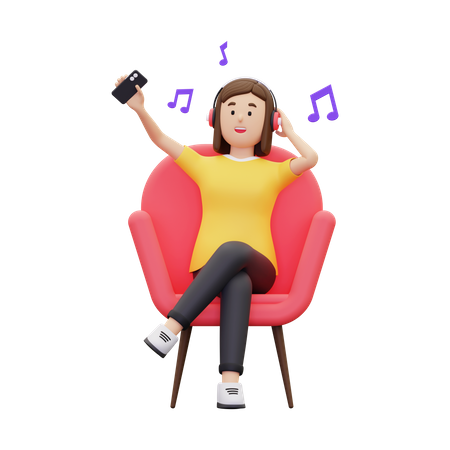 Mulher ouvindo música enquanto está sentada na poltrona  3D Illustration