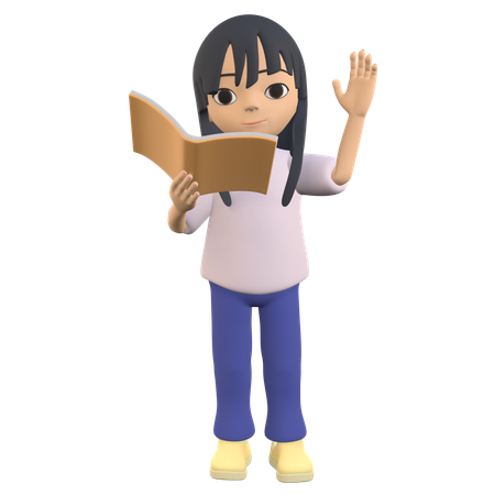 Mulher posando segurando um livro enquanto acena com a mão  3D Icon