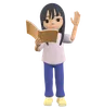 Mulher posando segurando um livro enquanto acena com a mão