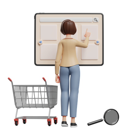 Mulher procurando produtos na loja online com tablet  3D Illustration