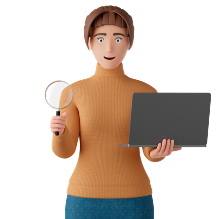 Mulher segura uma lupa e um laptop na mão  3D Illustration