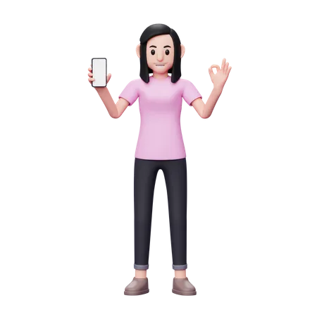 Mulher segurando a tela em branco do celular e mostrando o dedo ok  3D Illustration