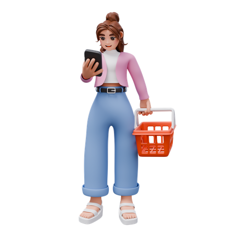 Mulher segurando cesta de compras enquanto faz compra online  3D Icon