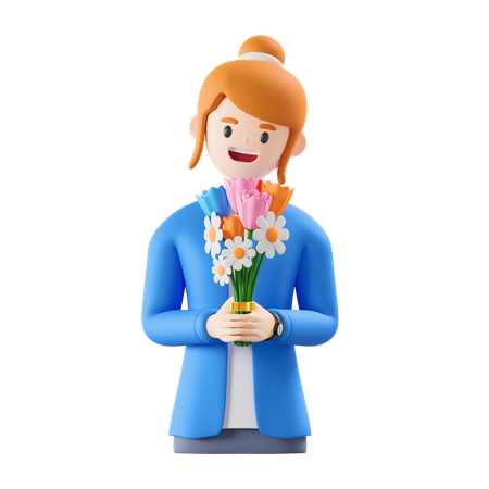 Mulher segurando flores na mão  3D Illustration