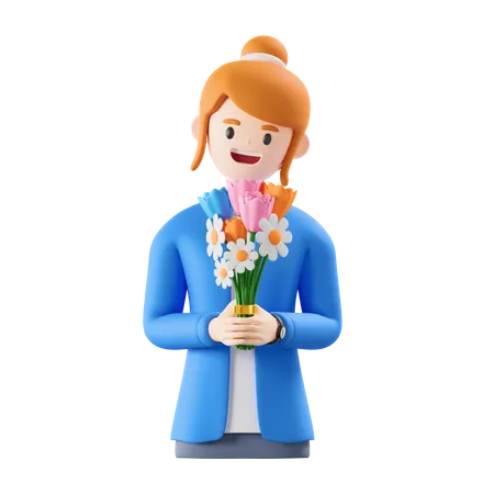 Mulher segurando flores na mão  3D Illustration