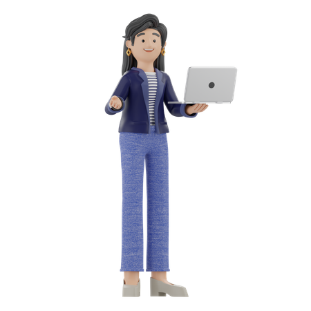Mulher segurando um laptop enquanto explica algo  3D Illustration