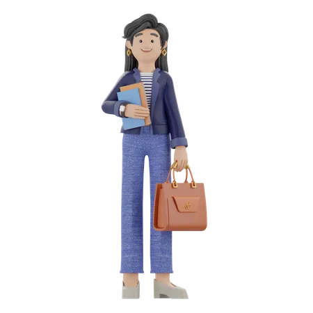 Mulher Segurando Livros E Bolsa  3D Illustration