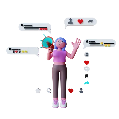 Mulher segurando megafone fazendo marketing de mídia social  3D Illustration