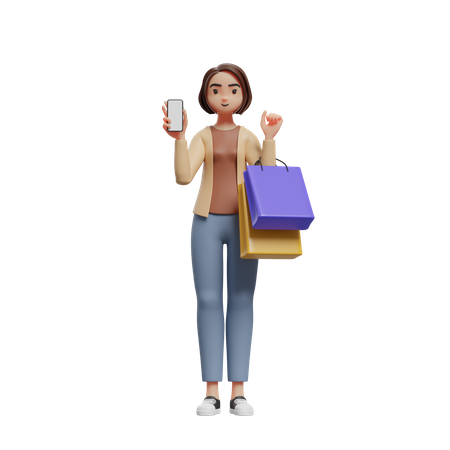 Mulher segurando sacolas de compras e sugerindo compras com aplicativo móvel  3D Illustration